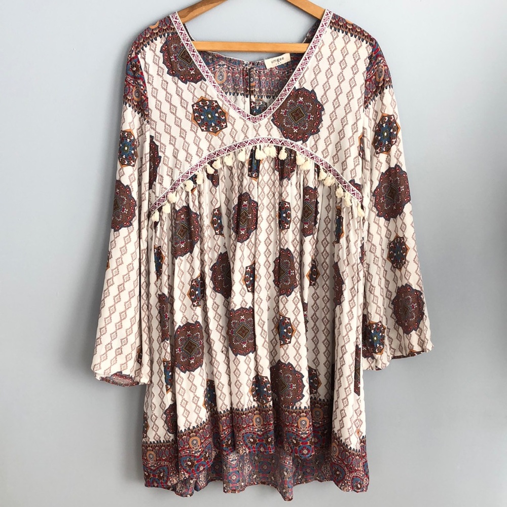 Umgee USA Women’s S Boho Babydoll Dress with tassel accents New! Southwest vibe
